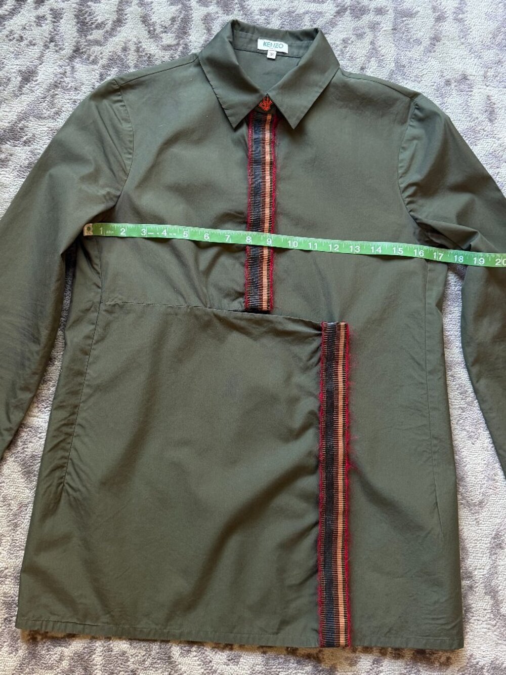 Kenzo Paris Olive Green Asymmetric Cotton Poplin Blouse Tiger Buttons - Picture 7 of 10
